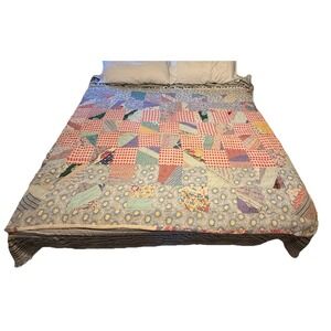 Antique Farmhouse Reversible‎ Quilt Handmade Feedsack Fabric NEEDS WORK